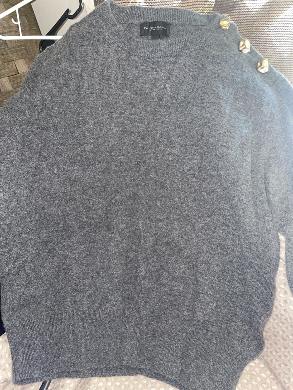 Donna Karan Charcoal Gray Crewneck Sweater with Shoulder Buttons